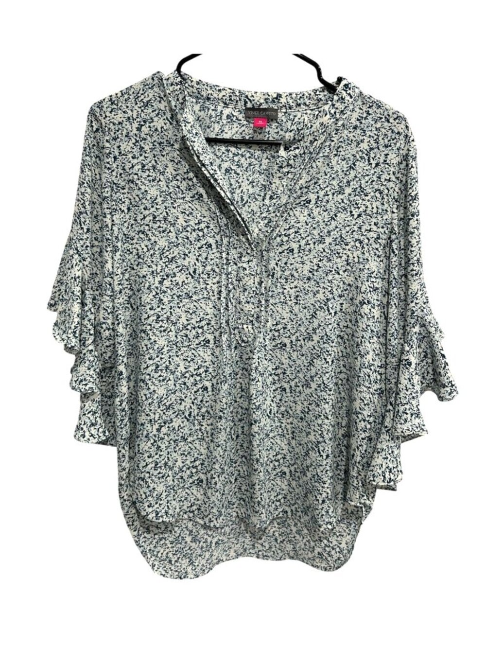 Vince Camuto XS Ruffle Sleeve Printed Blouse Blue White Minimalist Soft Girl